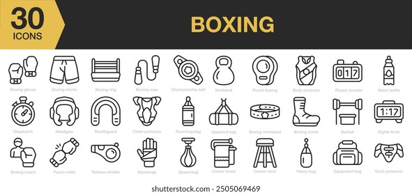 Boxing icon set. Includes handwrap, heavy bag, gloves, headgear, body protector and More. Outline icons vector collection.