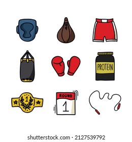 boxing icons doodle set, vector illustration