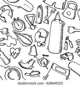 Boxing icons set. Black and white hand drawn vector stock illustration. Seamless background pattern
