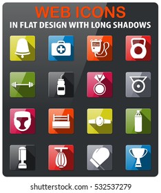 Boxing icons set in flat design with long shadow