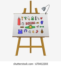 Boxing icons set on easel. Colorful hand drawn vector stock illustration