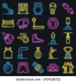 Boxing icons set. Outline set of boxing vector icons neon color on black