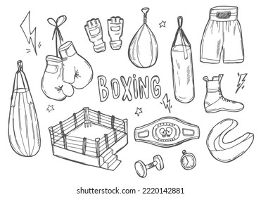 Boxing icons set. Punching bag, glows, box shorts, boxing ring. Black and white boxing icons, hand drawn box elements vector stock illustration.