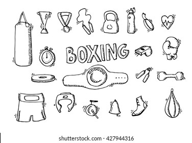 Boxing icons set. Punching bag, boxing glows, boxing shirts, boxing bell, boxing ring. Black and white boxing icons, hand drawn boxing elements vector stock illustration.