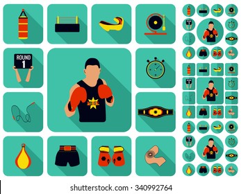 Boxing icons set. Vector illustration, Flat long shadow design.