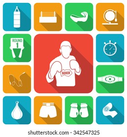 Boxing icons set. Vector illustration. Flat long shadow design.