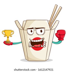 boxing instant cup noodle cartoon character win the championship with trophy and funny smile face