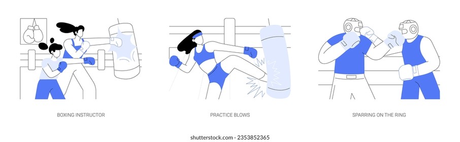 Boxing isolated cartoon vector illustrations set. Boxing instructor, practice blows, sparring on the ring, hit punching bag, kickboxing gym, sparring in gloves and helmets vector cartoon.