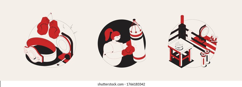 Boxing isometric compositions with gloves  punching bags for training boxing mouth guard elements vector illustration