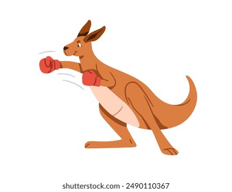 Boxing kangaroo in box gloves. Cute Australian mammal in fighting pose. Funny active animal, sport exercise. Anthropomorphic athlete character. Flat vector illustration isolated on white background