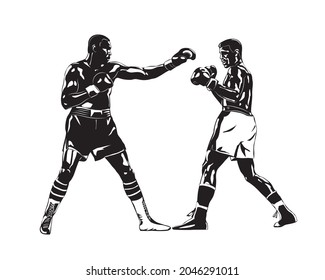 Boxing kickboxing. Boxers fight duel Isolated on a white background. Black and white graphics. Vector illustration