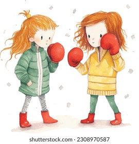 boxing kids, playing, white background