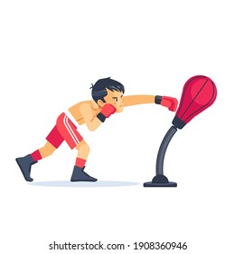 Boxing. Kids sport concept. Boy sportsman boxer fighting in gloves in gym. Cartoon vector illustration isolated on white background.