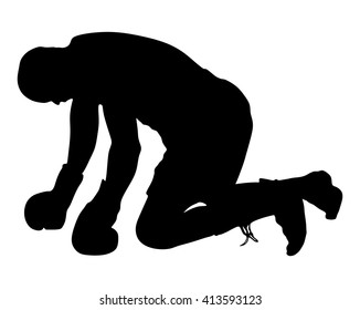 Boxing knockout counting boxer on the ground vector silhouette illustration. Stressful moment. Martial sport. Losing of consciousness after strong punch stroke. Boxer on the knees. Fighter loses match