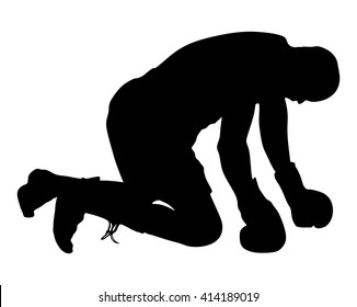 Boxing knockout counting boxer on the ground vector silhouette illustration. Stressful moment. Martial sport. Losing of consciousness after strong punch stroke. Boxer on the knees. Fighter loses match