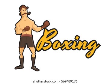 boxing label with vintage boxer.Cartoon vector label isolated on white background. t-shirt design