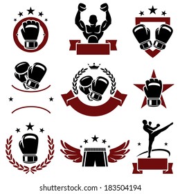 Juego de etiquetas e iconos de boxeo. Vector