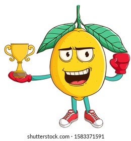 boxing lemon cartoon character win the championship with trophy and funny smile face