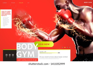 Boxing lessons website design with strong boxer throwing flame hook in 3d illustration