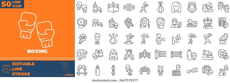 Editierbare Symbole für die Boxzeile. Vektorgrafik im modernen Dünnlinien-Stil von Boxsymbolen: Club, Mama, Sport usw.