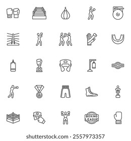 Boxing line icons set. linear style symbols collection, outline signs pack. Boxing sport vector graphics. Set includes icons as boxer stand, punching bag, hand wraps, champion belt, cross punch, arena