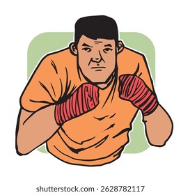 boxing logo with hand drawn style. young man with fist ready to boxing isolated on white background