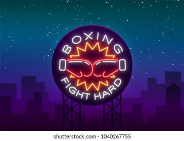 Boxing logo, neon sign emblem is isolated. Vector illustration on sport, boxing. The sign is lit, the bright night banner, the neon advertising of the sports boxing club. Billboard