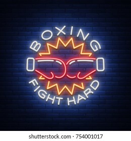 Boxing logo, neon sign emblem is isolated. Vector illustration on sport, boxing. The sign is lit, the bright night banner, the neon advertising of the sports boxing club.