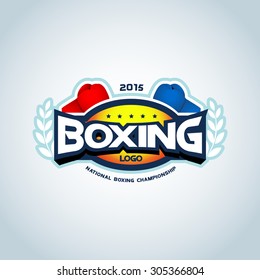 Boxing logo template. Two boxing gloves in red and blue colors. Boxing club logotype. Boxing emblem, label, badge, t-shirt design, boxing, fight theme.