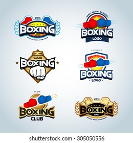 Boxing logo templates set. Red, blue and gold colors. Boxing club logotype. Boxing shield, emblem, label, badge, t-shirt design, boxing, fight theme. Vector illustrations.