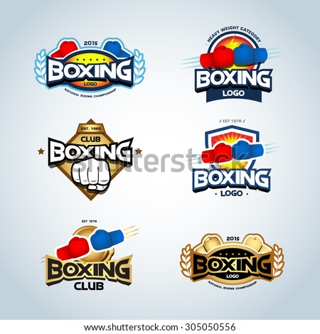 Boxing logo templates set. Red, blue and gold colors. Boxing club logotype. Boxing shield, emblem, label, badge, t-shirt design, boxing, fight theme. Vector illustrations.