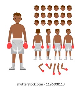 boxing man character set. Full length. Different view, emotion, gesture.
