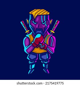 Boxing man cyberpunk logo line pop art portrait fiction colorful design with dark background. Abstract vector illustration.