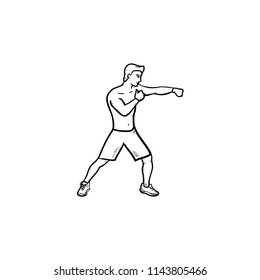 Boxing man in gloves hand drawn outline doodle icon. Fighting sport, martial arts, boxing competition concept. Vector sketch illustration for print, web, mobile and infographics on white background.