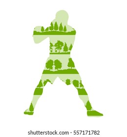 Boxing man vector background concept made of forest trees fragments isolated on white