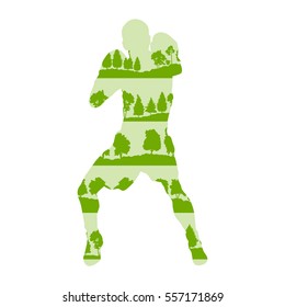 Boxing man vector background concept made of forest trees fragments isolated on white