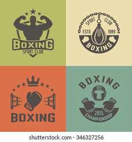 Boxing and martial arts, fighting club set of vector colored vintage labels, badges, emblems and logos isolated on white background