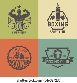 Boxing and martial arts, fighting club set of vector colored vintage labels, badges, emblems and logos isolated on white background