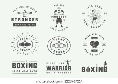 Boxing and martial arts logo badges and labels in vintage style. Motivational posters with inspirational quotes. Vector illustration
