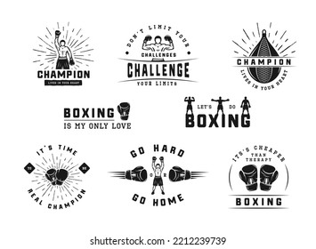 Logo-Abzeichen und Etiketten für Boxen und Kampfsport im Vintage-Stil. Motivationspopster mit inspirierenden Zitaten. Vektorgrafik	
