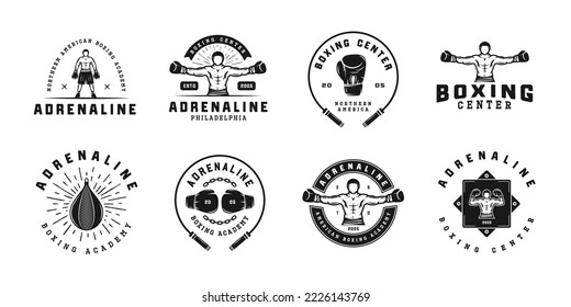 Boxing and martial arts logo badges and labels in vintage style. Motivational posters with inspirational quotes. Vector illustration	
