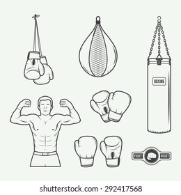 Boxing and martial arts logo badges, labels and design elements in vintage style. Vector illustration