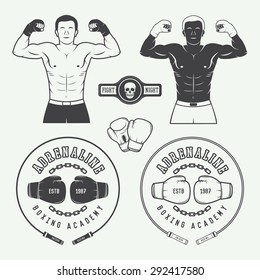Boxing and martial arts logo badges, labels and design elements in vintage style. Vector illustration