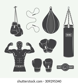 Boxing and martial arts logo badges, labels and design elements in vintage style. Vector illustration