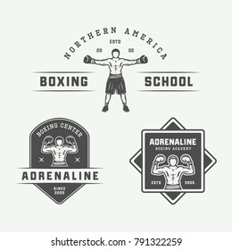 Boxing and martial arts logo badges and labels in vintage style. Vector illustration
