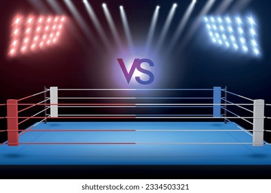 Boxing match banner empty fighting ring with VS and spotlight championship arena realistic vector illustration. Athletic competition sport stage ring for martial show entertainment game tournament