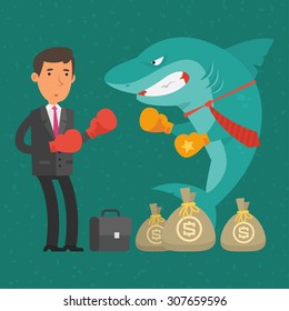 Boxing match between businessman and shark business