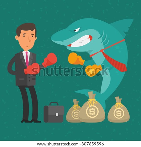 Boxing match between businessman and shark business