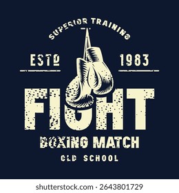 Boxing match emblem for t-shirt. Graphic design with rough texture. Light print on black background
