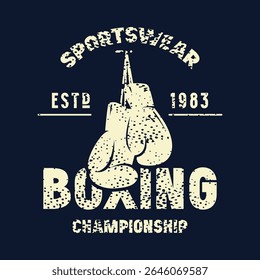Boxing match emblem for t-shirt. Graphic design with rough texture. Light print on black background